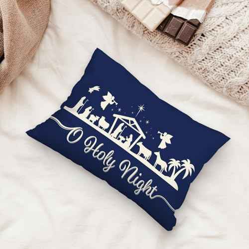 kdqua Blue Christmas Pillow Covers 12x20, Merry Christmas Jesus O Holy Night Cross Joy Star of Bethlehem Xmas Decorations Throw Pillow Covers, Seasonal Winter Cushion Case for Bedroom