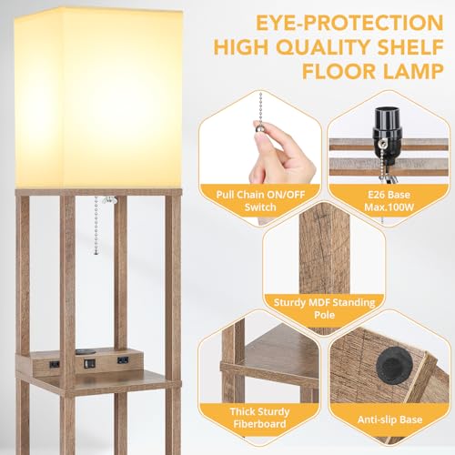 Mlambert Wooden Shelf Floor Lamp with Wireless Charger & USB Ports - Modern Design