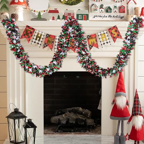 CUADRNX 50ft Green Red Christmas Tinsel Garland Holiday Decor Indoor Outdoor