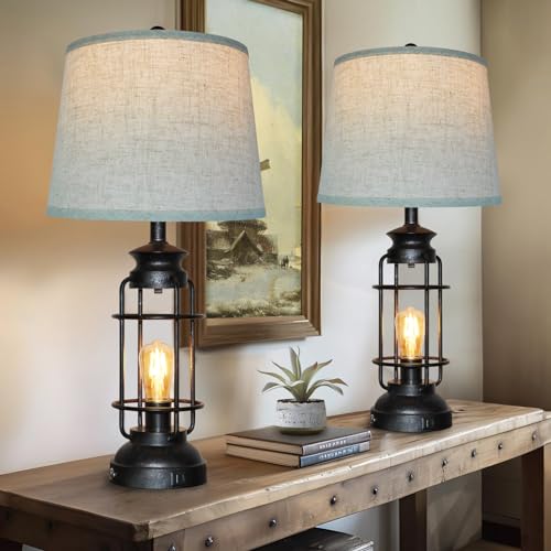 Set of 2 Rustic Industrial Touch Table Lamps with USB Ports, 28.5" Tall, 3-Way Dimmable Bedside & Living Room Lighting