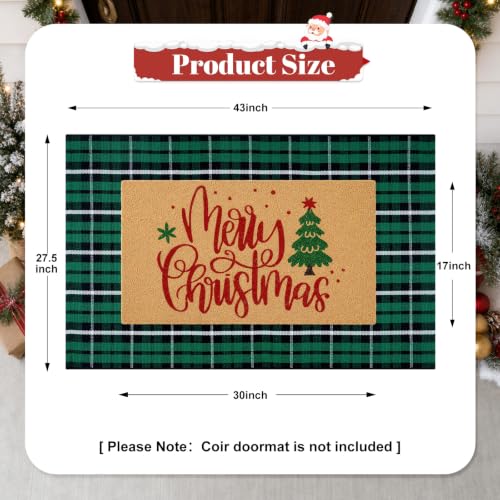 Christmas Door Mat 28x43 Inches Buffalo Plaid Cotton Outdoor Rug, Green & Black, Washable