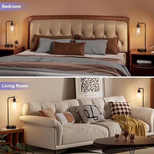 Innqoo A-Clear Industrial Touch Bedside Lamps Set of 2, Dimmable Nightstand Lights with USB and Outlet