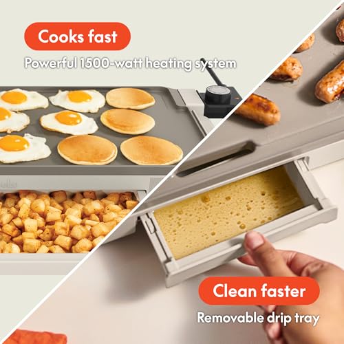 Bella 10x20 Inch Ceramic Griddle with Warming Tray - Non-Toxic Oatmilk Coating