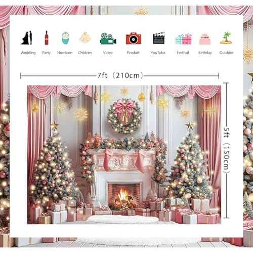 Pink Christmas Backdrop for Photography Pink Christmas Tree Fireplace Background for Winter Xmas Holiday Family Party Decoration Banner Photo Studio Props Pictures (7x5FT: 84x60 inch)