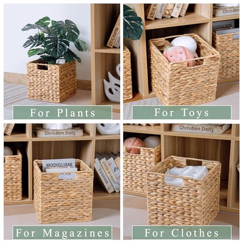 Water Hyacinth Storage Baskets Set of 3 - Collapsible Square Wicker Bins for IKEA Kallax, 10.5x10.5x10.75 Inches