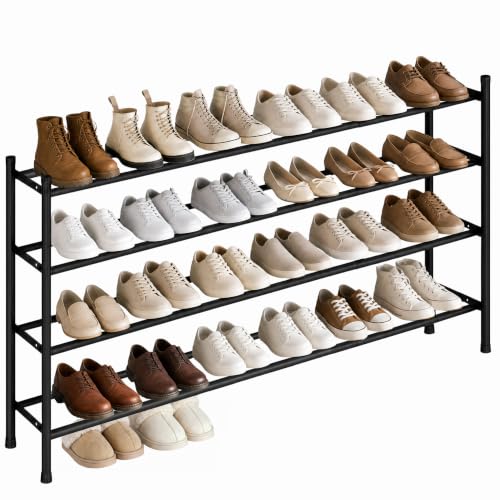 Expandable Shoe Rack - Holds 24 Pairs, 4 Tiers, Black, Adjustable & Stackable