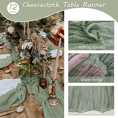 Dusty Sage Green Cheesecloth Table Runner 35x120 Inches for Boho Wedding & Party Decor - Set of 12