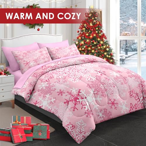 WeCozy King Pink Snowflake Comforter Set with Sheets - 7 Pieces