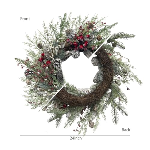 Jobflower 24 Inch Christmas Wreath with Natural Pine Cones, Red Berries & Berry Variant, Indoor Outdoor Holiday Decor