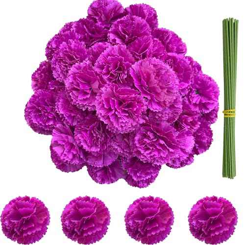 Marigold Flower Heads Bulk 50Pcs, Faux Mexican Marigold Artificial Flowers for Diwali Home Decor DIY Wreath Garland Craft Wedding Mexican Party Day of The Dead Decoration Halloween Decor(Purple)