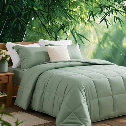 NEXHOME PRO King Size Bamboo Viscose Comforter Sage Green 106x90 Ultra-Soft Breathable All-Season Bedding