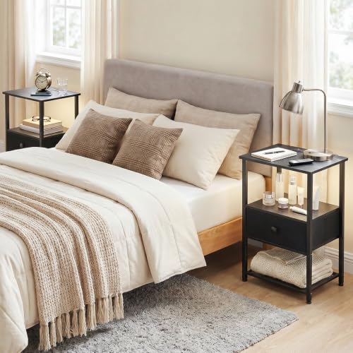 LOAKEKEL Set of 2 Nightstands with Charging Station & RGB LED Lights - Black / LED & Power