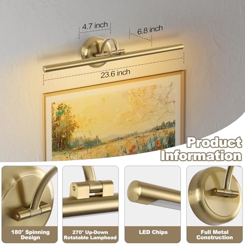 Tassuowell Brass Hard-Wired Dimmable 23.62 Inch Wall Art Picture Light for Paintings