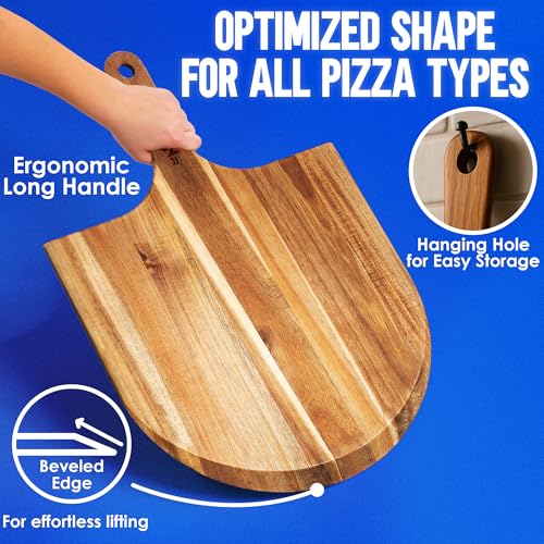 KitchenStar 16-Inch Wooden Pizza Peel - Extra Large Acacia Paddle for Pizza & Serving, Handled Pizza Board