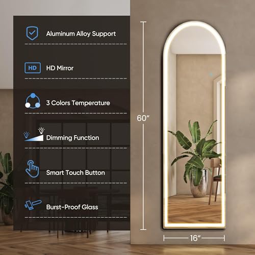 White Arched LED Full Length Floor Mirror 60x16 Inch Modern Full Body Wall Mirror