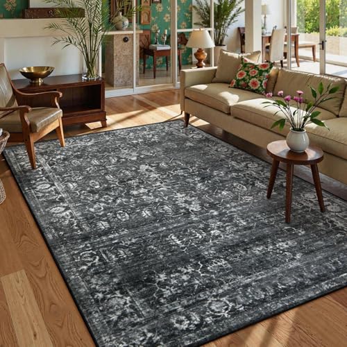 Lahome 6' x 9' Washable Black & Grey Vintage Distressed Area Rug for Bedroom & Living Room