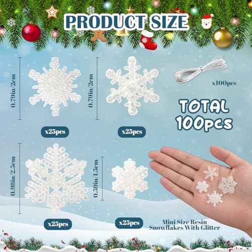 100pcs Small Snowflakes for Craft, White Glitter Resin Mini Snowflake Ornament Christmas Decorations for Christmas Embellishments Xmas Tree Winter Party DIY Craft Decor