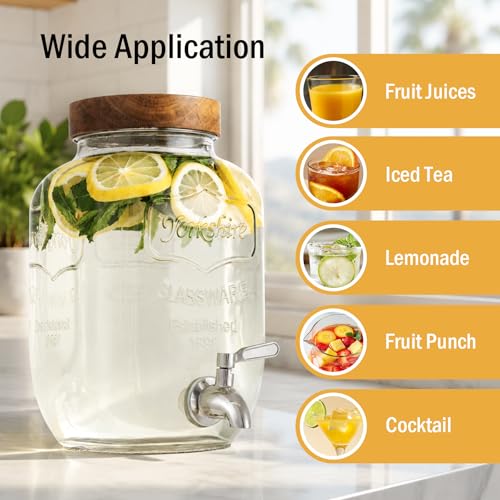 Mustry 1 Gallon Glass Drink Dispenser with Stand & Acacia Lid - Single