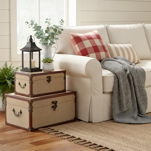 Farmhouse Storage Trunks Set of 3 Linen and Wood Vintage Chests for Living Room & Bedroom