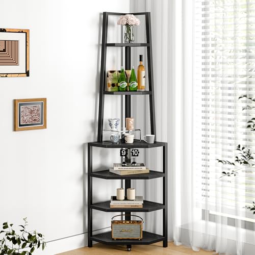 VECELO 6-Tier Corner Shelf Black 69 Inch Industrial Bookshelf for Small Spaces