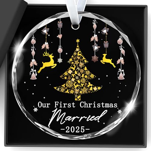 Our First Christmas Married Ornament 2025 - 3x3in Glass Gift Boxed (First Christmas Married 2025) rosulasi