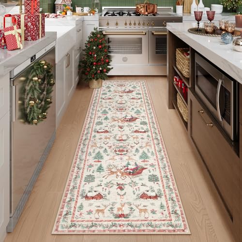 Christmas Runner Rug 2x8 Beige Non-Slip Washable Hallway Carpet for Entryway Kitchen Bathroom