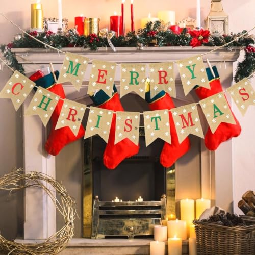JijAcraft Pre-assembled Burlap Christmas Banner - Merry Christmas (Red & Green) Indoor Outdoor