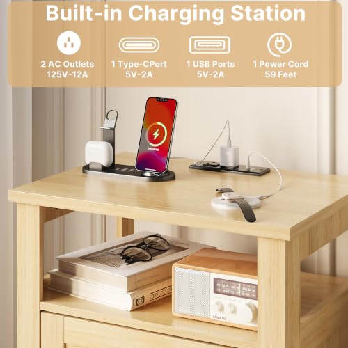 Decofy Farmhouse Oak 2-Drawer Nightstand Set of 2 with Charging Station