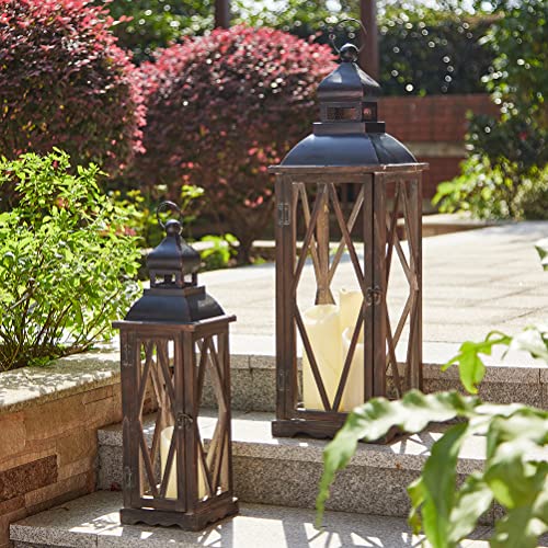 Diamond Black Farmhouse Lanterns Set of 2 Indoor Outdoor Candle Holders Large & Small