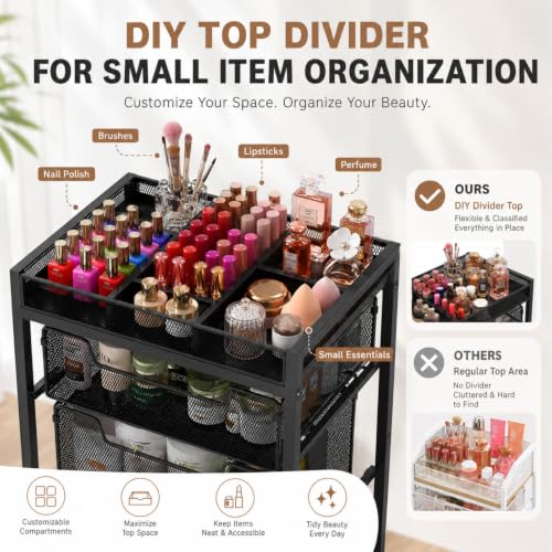 JKsmart Black 4-Tier Rolling Makeup Cart with 3 Drawers & Dividers