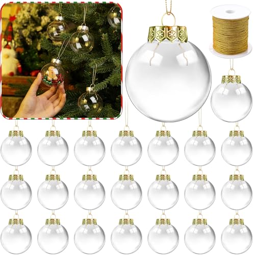 Wettarn 2.36 Inch Clear Fillable Christmas Ornaments Set of 50 with Gold Lid & Rope