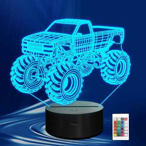 Monster Trucks Night Light for Boys, 3D LED Optical Illusion Lamp with Remote Control and Timer, Perfect Christmas and Birthday Gift Idea for Boys, Kids, and Teens
