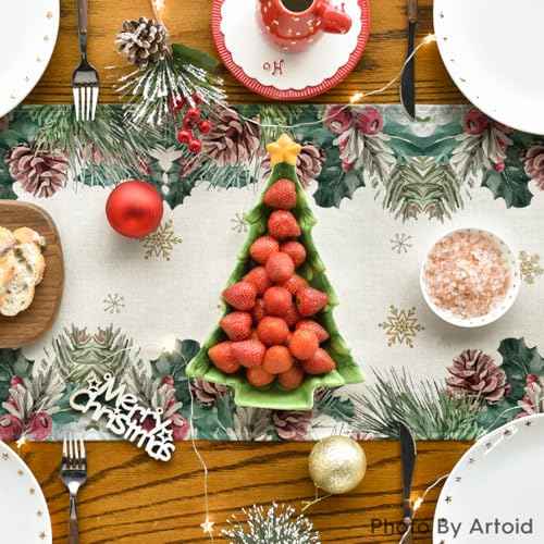 Artoid Mode Reindeer Pine Cone Leaves Christmas Table Runner, Seasonal Winter Floral Kitchen Dining Table Decor for Home Party 13x72 Inch