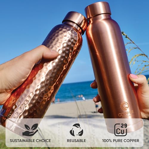 Hammered Copper Water Bottle 34 oz - Leak-Proof with Lid for Yoga, Gym, Travel