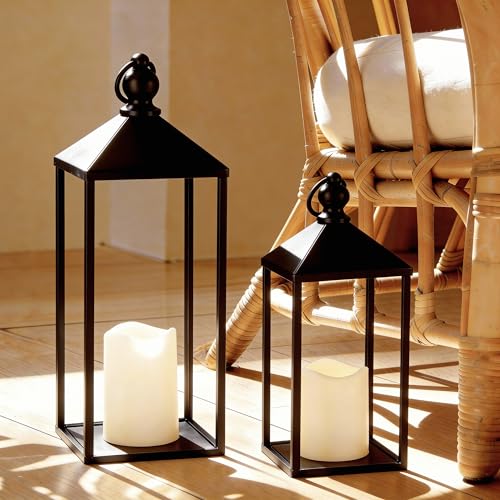 Decorative Lanterns Set of 2 Black Metal Lanterns with Flameless LED Candles - 17 & 13 Inches - Indoor & Outdoor Farmhouse Modern Decor
