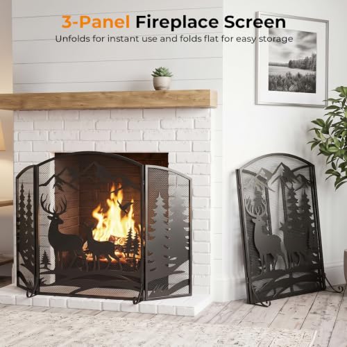 BEAMNOVA Fireplace Screen Black 50 x 32 in Deer Trees Pattern, 3-Panel