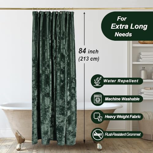TAMGHO Extra Long Dark Green Velvet Shower Curtain Set with Gold Hooks, Waterproof 84 Inch