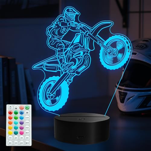 Dirt Bike Night Light, Dirt Bike Gifts, 3D Illusion Lamp with Remote Control, 16 RGB Colors, 4 Flashing Modes, Timer, Dimmable, Kids Room Decoration for Holiday Birthday Christmas