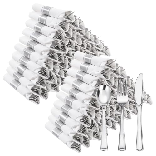 Classic Silver 100 Pack Disposable Silverware Set with Napkins, Wrapped Cutlery