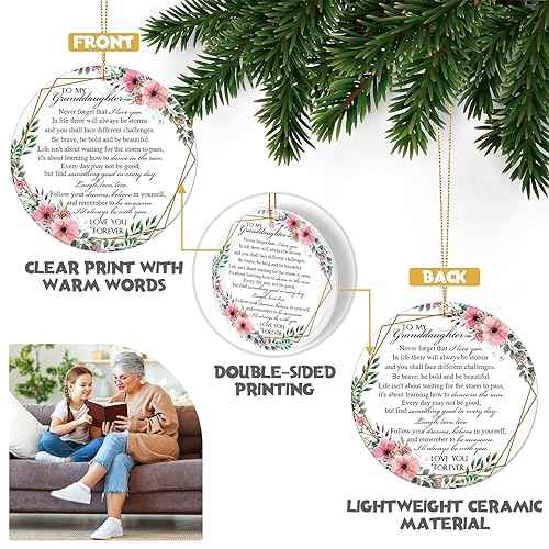 Sieral Granddaughter Ornament Gift Two Side to My Granddaughter Ornament Round Ceramic Gifts from Grandparents Keepsake Sign for Christmas Tree Decoration Inspirational Souvenir