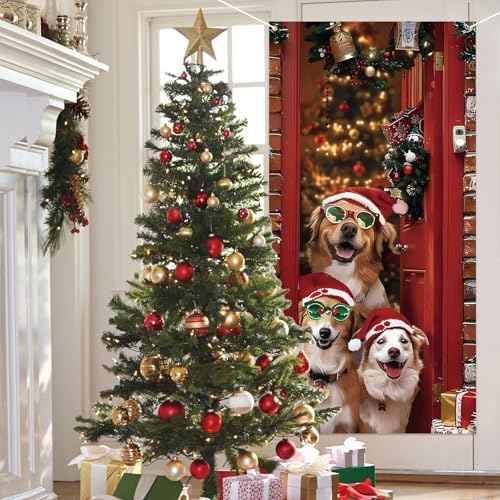 Christmas Door Cover Cute Santa Dogs Front Door Covers Decoration 71x36 Inch, Merry Christmas Banner for Holiday Parties, Winter Xmas Decor with Fabric, Festive Backdrop for Home & Office