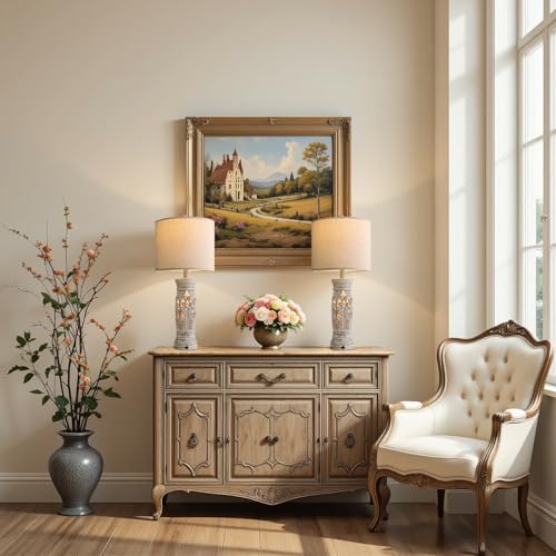 27.25” Farmhouse Table Lamps Set of 2 with Night Light, Distressed Light Wood Finish