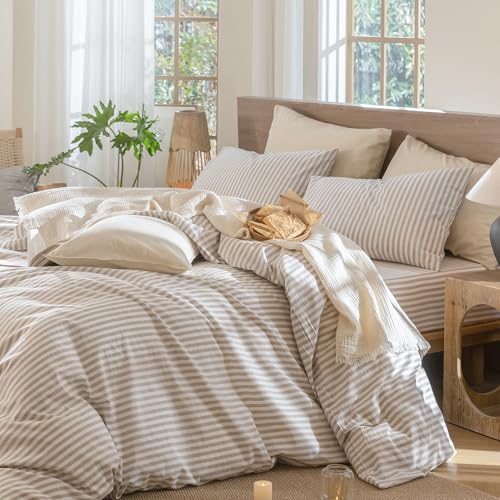 Cal King Striped Duvet Cover Set 100% Washed Cotton Linen-Like - Classic Tannish Grey & White