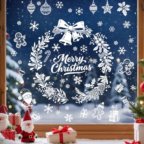 Tanlaby 9 Sheets White Christmas Window Clings Xmas Wreath Window Stickers Snowflake Santa Window Decals Static for Glass Windows Doors Xmas Home Decor Party Supplies