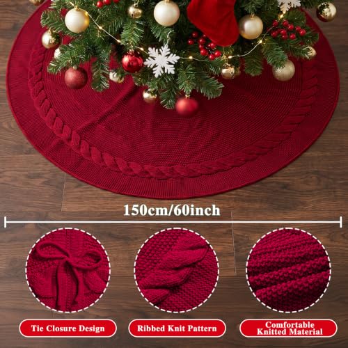Benjia 60 Inch Red Knitted Christmas Tree Skirt for Large Artificial Trees