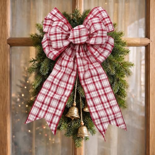 VATIN Red White Gingham Wired Ribbon 4" x 10yd - Christmas Tree & Gift Ribbon - White & Dark Red