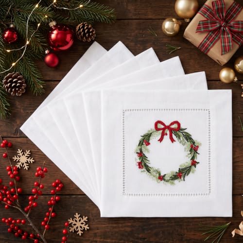 Moukeren 6 Pack Linen Christmas Cocktail Napkins with Hemstitch - Xmas Wreath Design