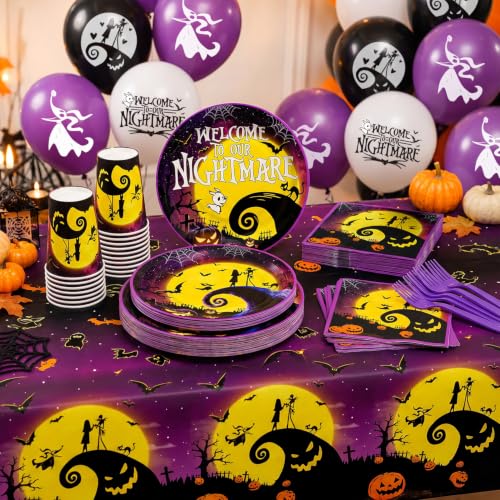 Halloween Party Decorations Kit 129-Piece Purple & Black Set with Dinnerware & Balloons