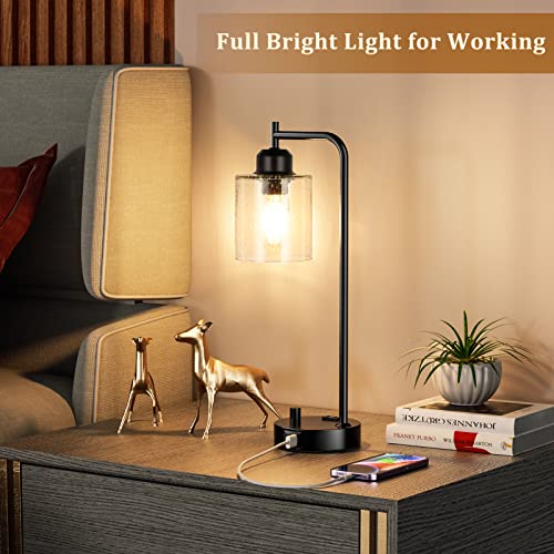 Innqoo Seeded Glass Industrial Desk Lamp with Dimmable Feature, USB-C & Outlet, Black - Vintage Bedside Lighting