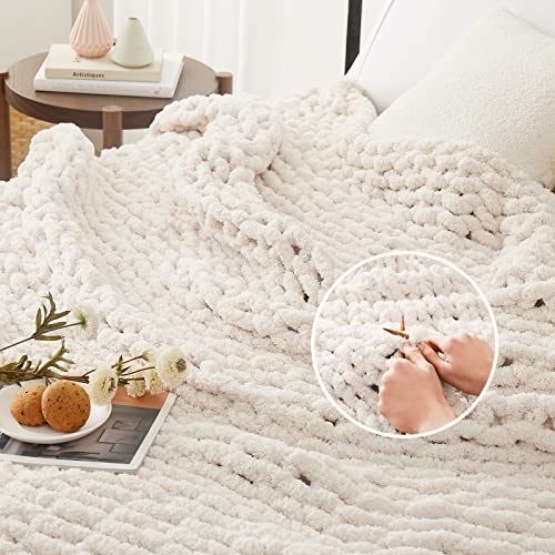 Ivory Chunky Knit Throw Blanket 60x80 Inches for Couch & Sofa